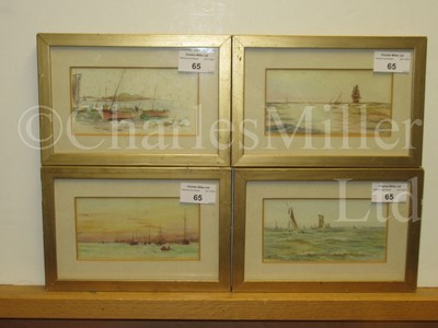 Lot 65 - ATTRIBUTED TO WILLIAM LIONEL WYLLIE (BRITISH, 1851-1931) : A set of four: two seascapes with shipping; harbour scene at sunset and beach fishing boats