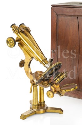 Lot 388 - A RARE WENHAM TYPE BINOCULAR MICROSCOPE BY WATSON & SONS, LONDON, CIRCA 1888