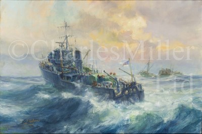 Lot 315 - WALTER HOLMES (BRITISH, B. 1936) A 'Ton' Class minesweeper of the Royal Navy on fishery patrol in the North Sea