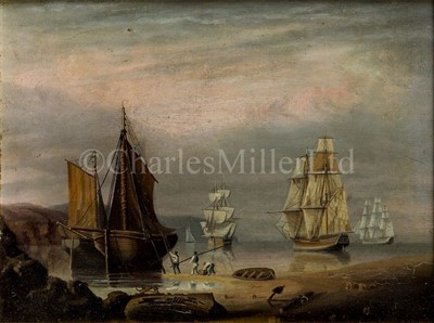 Lot 177 - FOLLOWER OF THOMAS LUNY (BRITISH, 1759-1837) - BEACH SCENE WITH FIGURES LOADING A BOAT; MEN O' WAR IN A HEAVY SEA