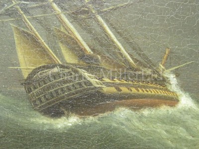 Lot 194 - FOLLOWER OF THOMAS LUNY (BRITISH, 1759–1837); Beach scene with figures loading a boat; Men o'war in a heavy sea