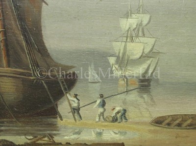 Lot 194 - FOLLOWER OF THOMAS LUNY (BRITISH, 1759–1837); Beach scene with figures loading a boat; Men o'war in a heavy sea