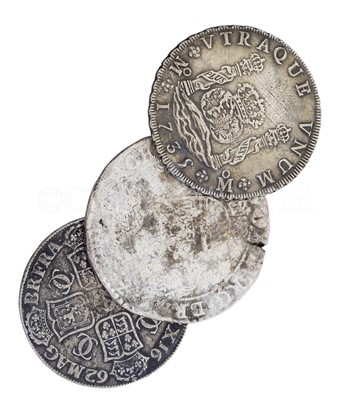 Lot 84 - A SPANISH PILLAR DOLLAR RECOVERED FROM THE WRECK OF THE DUTCH EAST INDIAMAN ROOSWIJK & two other coins