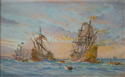 Lot 165 - HAROLD WYLLIE (BRITISH, 1880-1973) - Drake in the 'Golden Hinde' arrives at Woolwich after voyage around the world