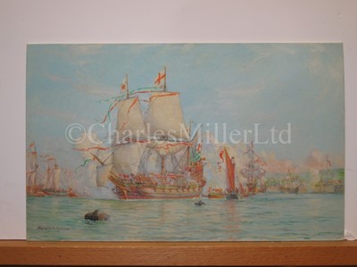 Lot 165 - HAROLD WYLLIE (BRITISH, 1880-1973) - Drake in the 'Golden Hinde' arrives at Woolwich after voyage around the world