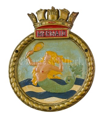 Lot 308 - A SCREEN BADGE FROM THE 'BLACK SWAN' CLASS CONVOY ESCORT H.M.S. MERMAID, 1943