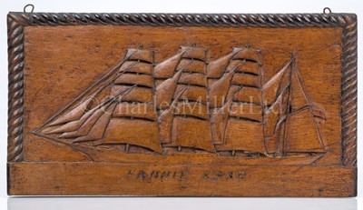 Lot 20 - A SAILORWORK PROFILE CARVING OF THE FOUR-MASTED BARQUE FANNIE KERR, CIRCA 1895