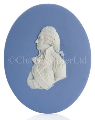 Lot 205 - A GOOD WEDGWOOD BLUE AND WHITE JASPERWARE PLAQUE OF LORD NELSON