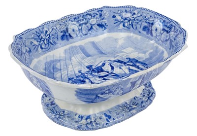 Lot 211 - A RARE BLUE AND WHITE 'DEATH OF NELSON' PATTERN TAZZA BY JONES & SON, CIRCA 1826
