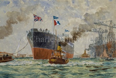 Lot 145 - WILLIAM JOHN PATTON MCDOWELL (BRITISH, 1888-1950) Launching a ship; Steamer at sea