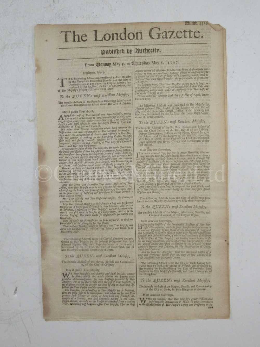 Lot 168 - THE LONDON GAZETTE: THE ACTION OF 2ND MAY 1707