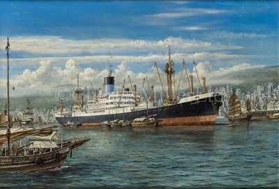 Lot 150 - ROBERT G. LLOYD (BRITISH, B. 1969) - The Blue Funnel Line’s M.V. ‘Diomed’ in Kowloon Harbour, Hong Kong