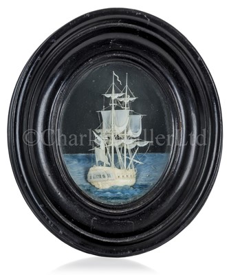 Lot 203 - A RARE IVORY MICRO CARVING OF A BRITISH MAN-OF-WAR AT SEA, ATTRIBUTED TO G. STEPHANY AND J. DRESCH, CIRCA 1800