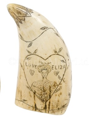 Lot 55 - A 19TH CENTURY SCRIMSHAW DECORATED WHALE'S TOOTH
