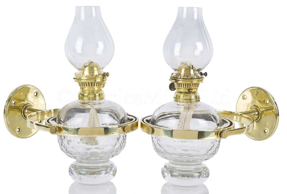 Lot 32 - AN ATTRACTIVE PAIR OF GIMBALLED SHIP'S SALOON LAMPS, CIRCA 1870