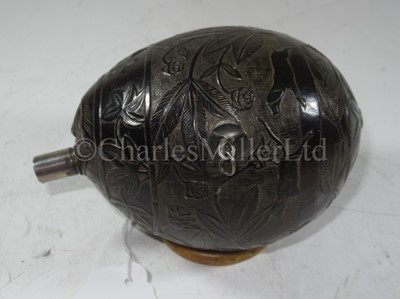 Lot 41 - A CARVED COCONUT BUGBEAR FLASK, CIRCA 1830