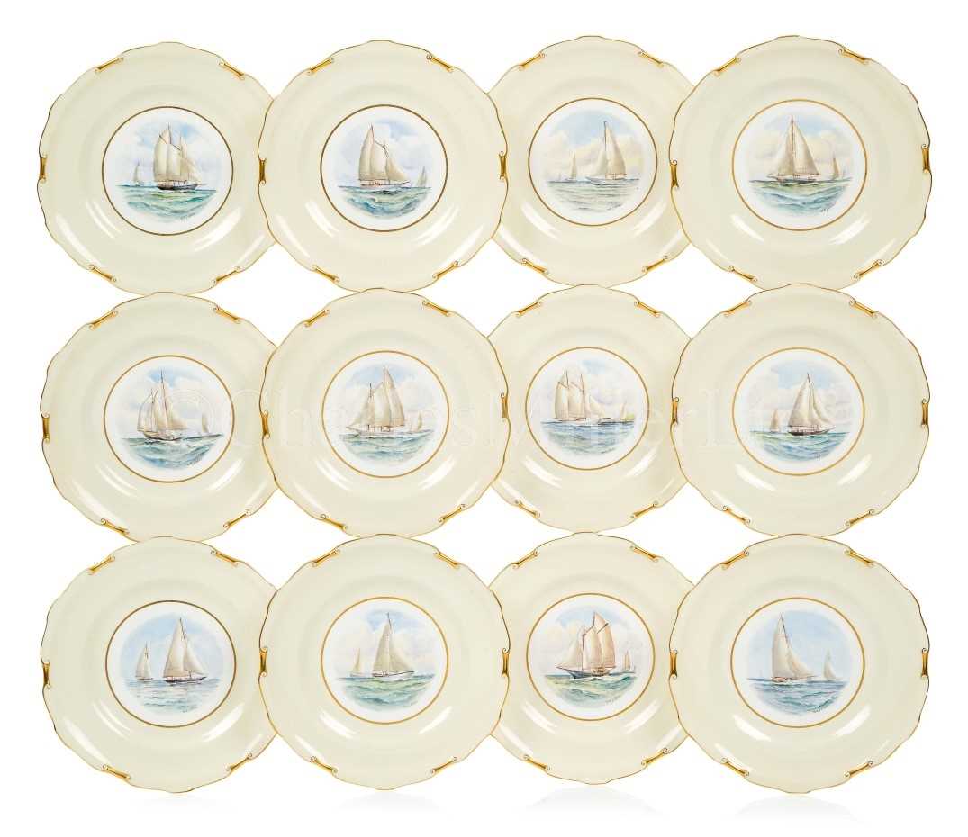 Lot 40 - A SET OF TWELVE CROWN DERBY HAND-PAINTED YACHTING PLATES, CIRCA 1930