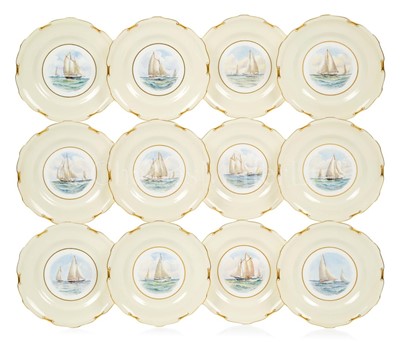Lot 40 - A SET OF TWELVE CROWN DERBY HAND-PAINTED YACHTING PLATES, CIRCA 1930