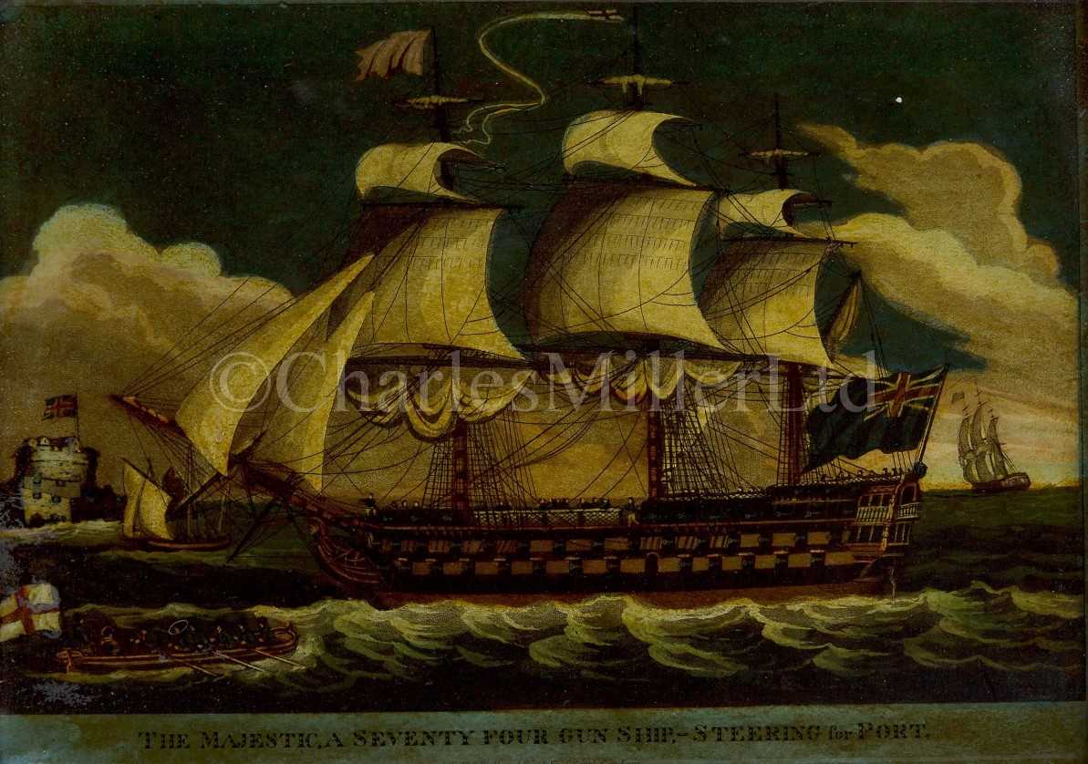 Lot 201 - REVERSE GLASS PRINT OF HMS 'MAJESTIC', CIRCA 1800