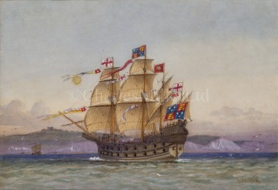 Lot 135 - WILLIAM FREDERICK MITCHELL (BRITISH, 1845-1914) - THE GREAT HARRY OF 1488; BATTLE SHIP, ABOUT 1650