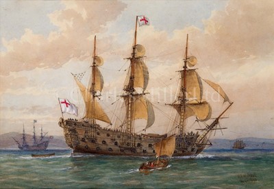 Lot 135 - WILLIAM FREDERICK MITCHELL (BRITISH, 1845-1914) - THE GREAT HARRY OF 1488; BATTLE SHIP, ABOUT 1650