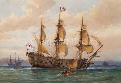 Lot 188 - WILLIAM FREDERICK MITCHELL (BRITISH, 1845-1914) - THE GREAT HARRY OF 1488; BATTLE SHIP, ABOUT 1650