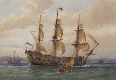 Lot 188 - WILLIAM FREDERICK MITCHELL (BRITISH, 1845-1914) - THE GREAT HARRY OF 1488; BATTLE SHIP, ABOUT 1650