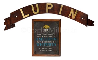 Lot 284 - A SHIP’S NAME BOARD FROM H.M. SLOOP LUPIN, 1916