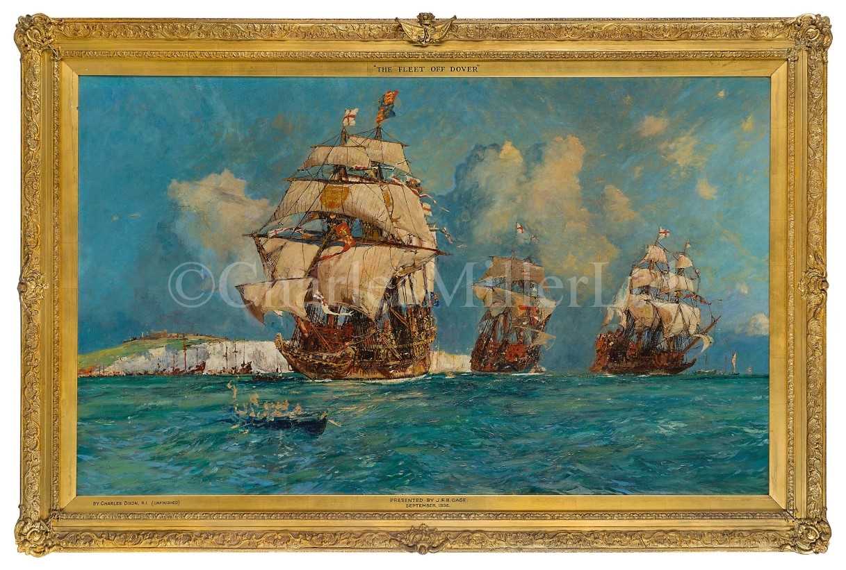 Lot 121 - CHARLES EDWARD DIXON (BRITISH, 1872-1934) - QUEEN ELIZABETH WITH THE FLEET OFF DOVER CIRCA 1588