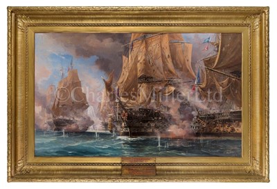 Lot 134 - AUGUSTE BALLIN (FRENCH, 1842-1909) - THE ‘VICTORY’ BREAKING THROUGH THE FRANCO-SPANISH LINE AT THE BATTLE OF TRAFALGAR, 1 PM 21ST OCTOBER 1805