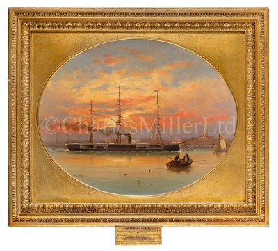 Lot 186 - WILLIAM EDWARD ATKINS (BRITISH, 1842-1910) - H.M.S. ‘CAPTAIN,’ UNDER STEAM OFF PORTSMOUTH AT DUSK