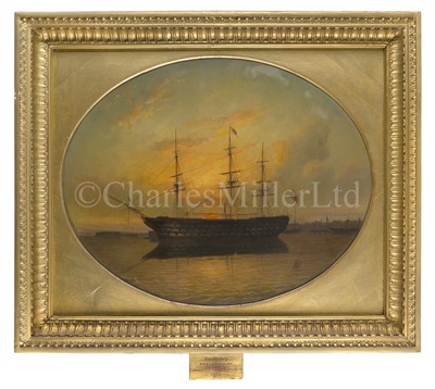 Lot 193 - PHILIP JOHN OULESS (BRITISH, 1817-1885) - H.M.S. ‘VICTORY’ LYING AT ANCHOR OFF PORTSMOUTH AT SUNSET