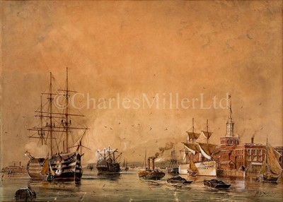 Lot 222 - WILLIAM EDWARD ATKINS (BRITISH, 1842-1910) - MIXED SHIPPING OFF PORTSMOUTH WITH THE TROOP SHIP JUMNA LYING ALONGSIDE THE QUAY