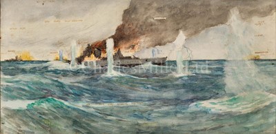 Lot 290 - ATTRIBUTED TO MONTAGUE J. DAWSON (1895-1973) - WORKING SKETCH OF THE SINKING OF THE BISMARCK