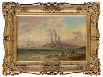 Lot 175 - ATTRIBUTED TO THOMAS LUNY (BRITISH, 1759-1837) - H.M.S. 'BRITANNIA' (120) WITH KING WILLIAM IV ABOARD SAILING OFF PLYMOUTH WITH A NAVAL FRIGATE SALUTING AND CREW MANNING THE YARDS