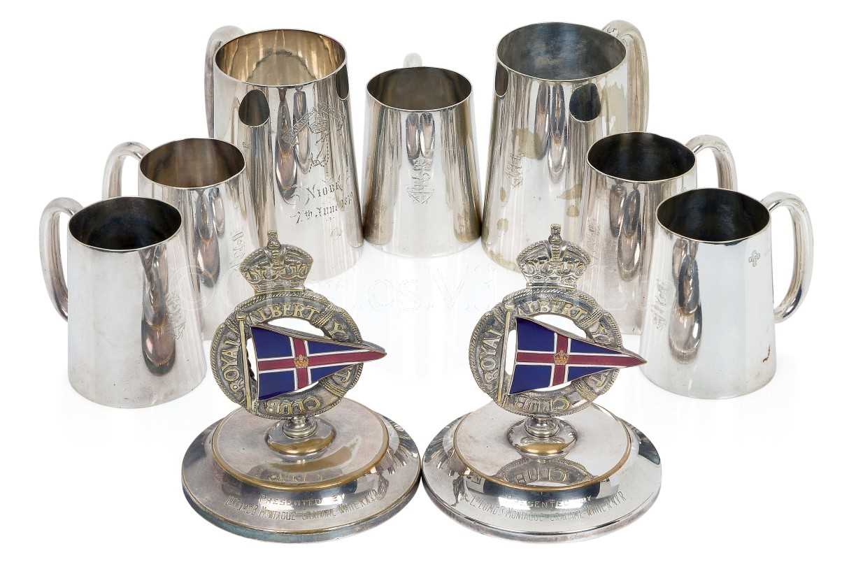 Lot 249 - NAVAL CLUB PLATED TANKARDS, CIRCA 1880