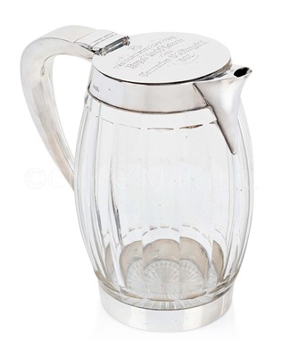 Lot 240 - A GLASS AND SILVER SQUASH JUG PRESENTED TO THE OFFICERS OF THE WARDROOM OF THE ROYAL YACHT OSBORNE, CIRCA 1883