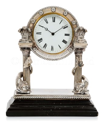 Lot 236 - A DECORATIVE SILVER MANTLE CLOCK PRESENTED TO THE OFFICERS' WARDROOM OF THE R.Y. OSBORNE, CIRCA 1892