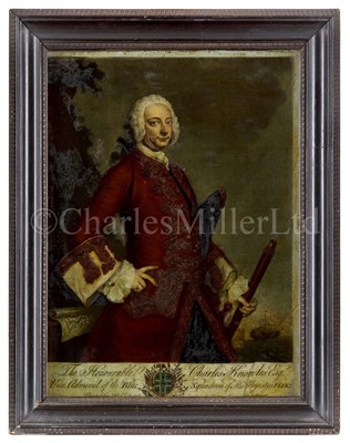 Lot 125 - AN 18TH CENTURY REVERSE GLASS PRINT OF THE  HON. CHARLES KNOWLES