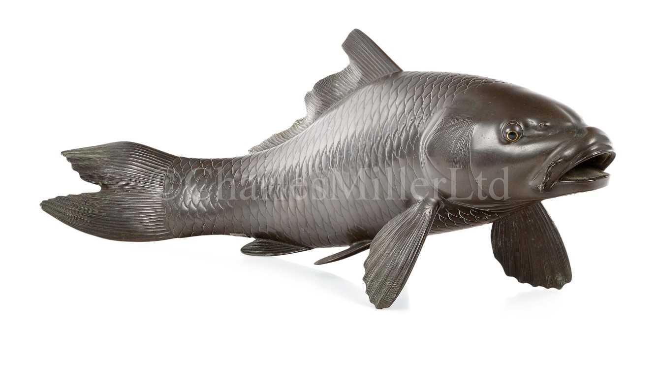 Lot 223 - A BRONZE MODEL OF A CARP BELIEVED TO HAVE BEEN PRESENTED TO THE ROYAL NAVAL CLUB BY OFFICERS OF THE I.J.N. ASAHI TO COMMEMORATE HER LAUNCH, CIRCA 1900