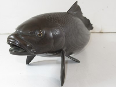 Lot 223 - A BRONZE MODEL OF A CARP BELIEVED TO HAVE BEEN PRESENTED TO THE ROYAL NAVAL CLUB BY OFFICERS OF THE I.J.N. ASAHI TO COMMEMORATE HER LAUNCH, CIRCA 1900