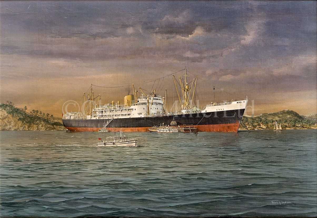 Lot 94 - δ ROBERT G. LLOYD (BRITISH, B. 1969) - THE ROYAL MAIL LINE PASSENGER CARGO SHIP 'EBRO' AT ANCHOR OFF THE PORT OF SPAIN CIRCA 1955