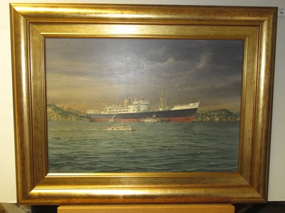Lot 94 - δ ROBERT G. LLOYD (BRITISH, B. 1969) - THE ROYAL MAIL LINE PASSENGER CARGO SHIP 'EBRO' AT ANCHOR OFF THE PORT OF SPAIN CIRCA 1955