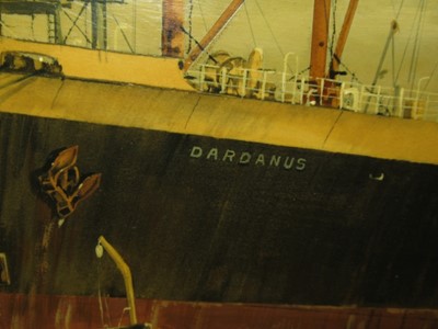 Lot 85 - δ ROBERT G. LLOYD (BRITISH, B. 1969) - BLUE FUNNEL CARGO SHIP M.V. 'DARDANUS' PICTURED IN LONDON'S ROYAL DOCKS CIRCA 1930