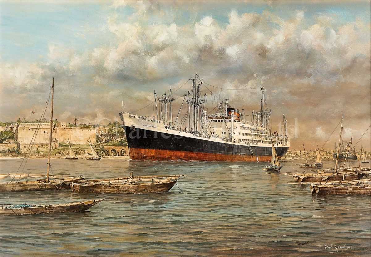 Lot 100 - δ ROBERT G. LLOYD (BRITISH, B. 1969) - THE CLAN LINE PASSENGER SHIP M.V. 'CLAN MENZIES' LEAVING DAR ES SALAM CIRCA 1960