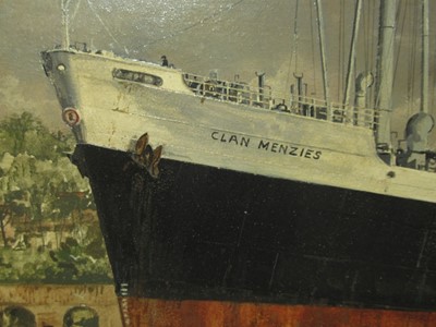 Lot 100 - δ ROBERT G. LLOYD (BRITISH, B. 1969) - THE CLAN LINE PASSENGER SHIP M.V. 'CLAN MENZIES' LEAVING DAR ES SALAM CIRCA 1960