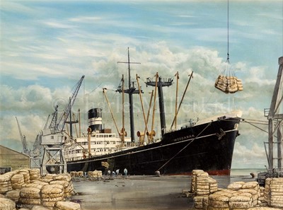 Lot 106 - δ ROBERT G. LLOYD (BRITISH, B. 1969) - THE BRITISH INDIA S.N. CO. S.S 'WOODARRA' LOADING BALES OF WOOL FOR LIVERPOOL IN ADELAIDE CIRCA 1958