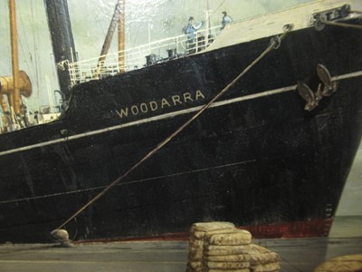 Lot 106 - δ ROBERT G. LLOYD (BRITISH, B. 1969) - THE BRITISH INDIA S.N. CO. S.S 'WOODARRA' LOADING BALES OF WOOL FOR LIVERPOOL IN ADELAIDE CIRCA 1958