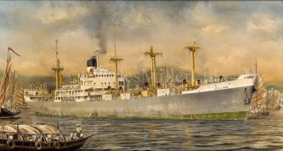 Lot 99 - δ ROBERT G. LLOYD (BRITISH, B. 1969) - THE ELLERMAN PASSENGER CARGO SHIP M.V. 'CITY OF POONA' LYING IN KOWLOON BAY, HONG KONG CIRCA 1950