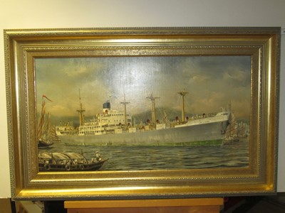 Lot 99 - δ ROBERT G. LLOYD (BRITISH, B. 1969) - THE ELLERMAN PASSENGER CARGO SHIP M.V. 'CITY OF POONA' LYING IN KOWLOON BAY, HONG KONG CIRCA 1950